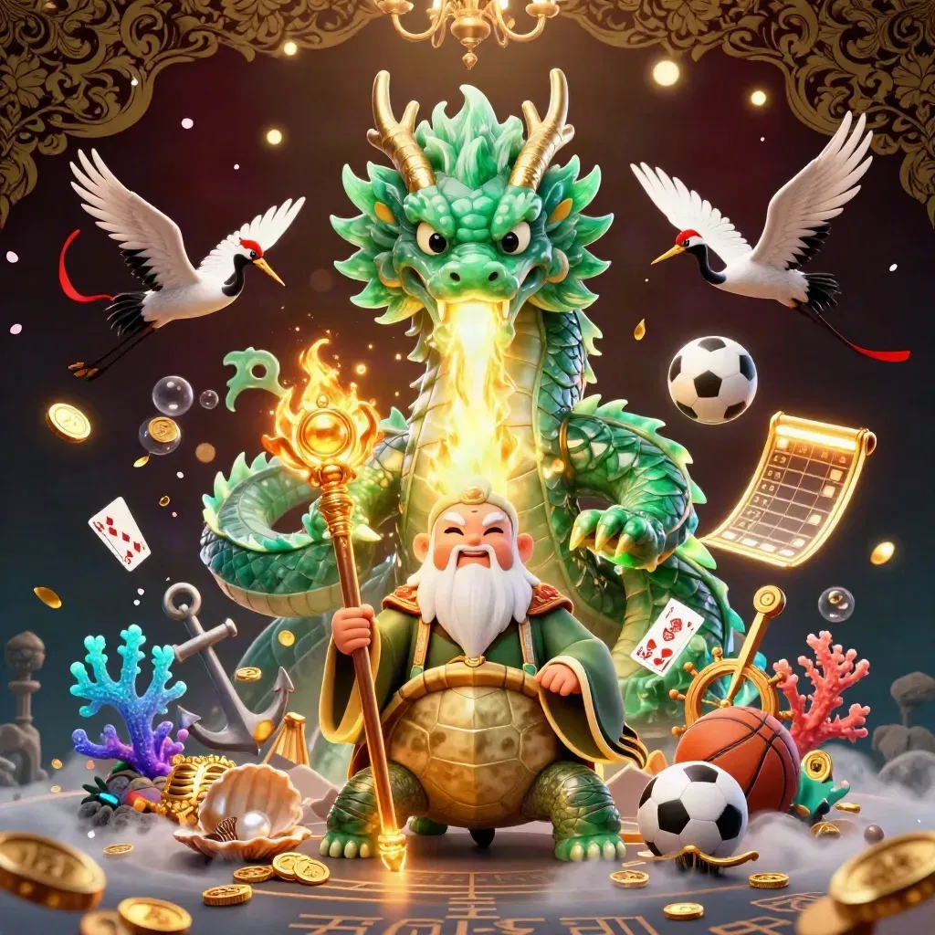 Emerald dragon, turtle sage, and cranes amid casino treasure, gold fire, balls, and ornate glow.