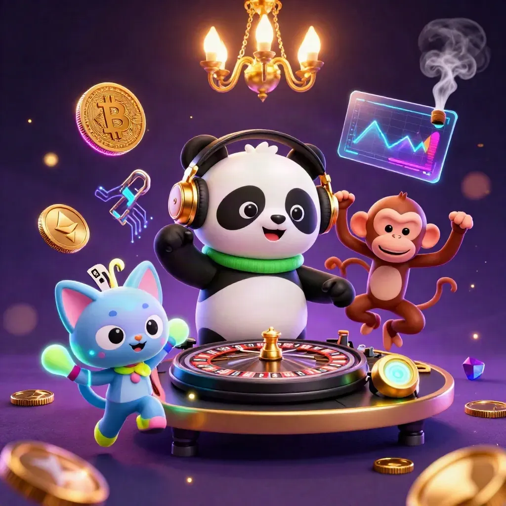 DJ panda, breakdancing monkey and rave kitten in a neon casino key art scene