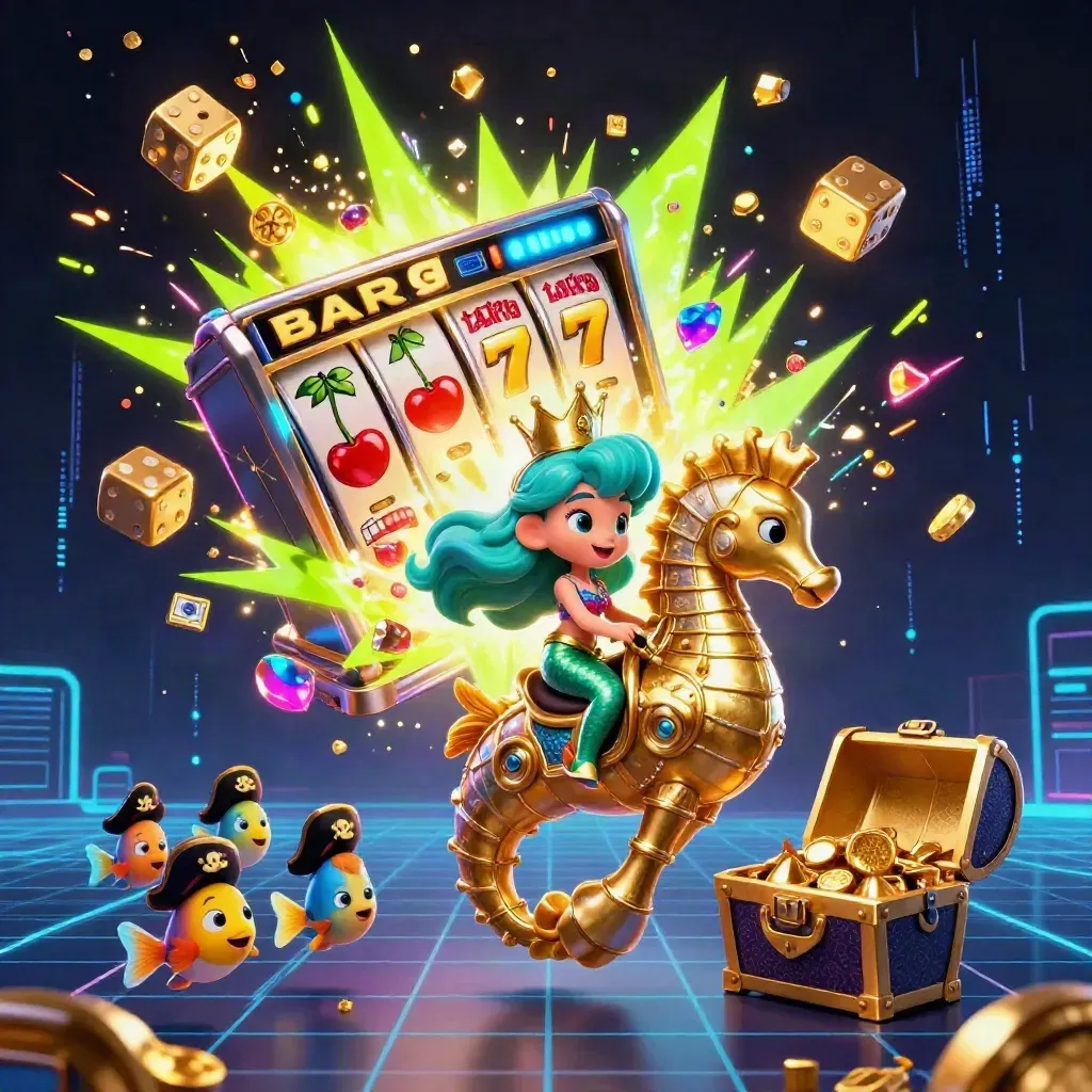 Mermaid princess on armored seahorse amid slot symbols, gold, and neon casino energy.