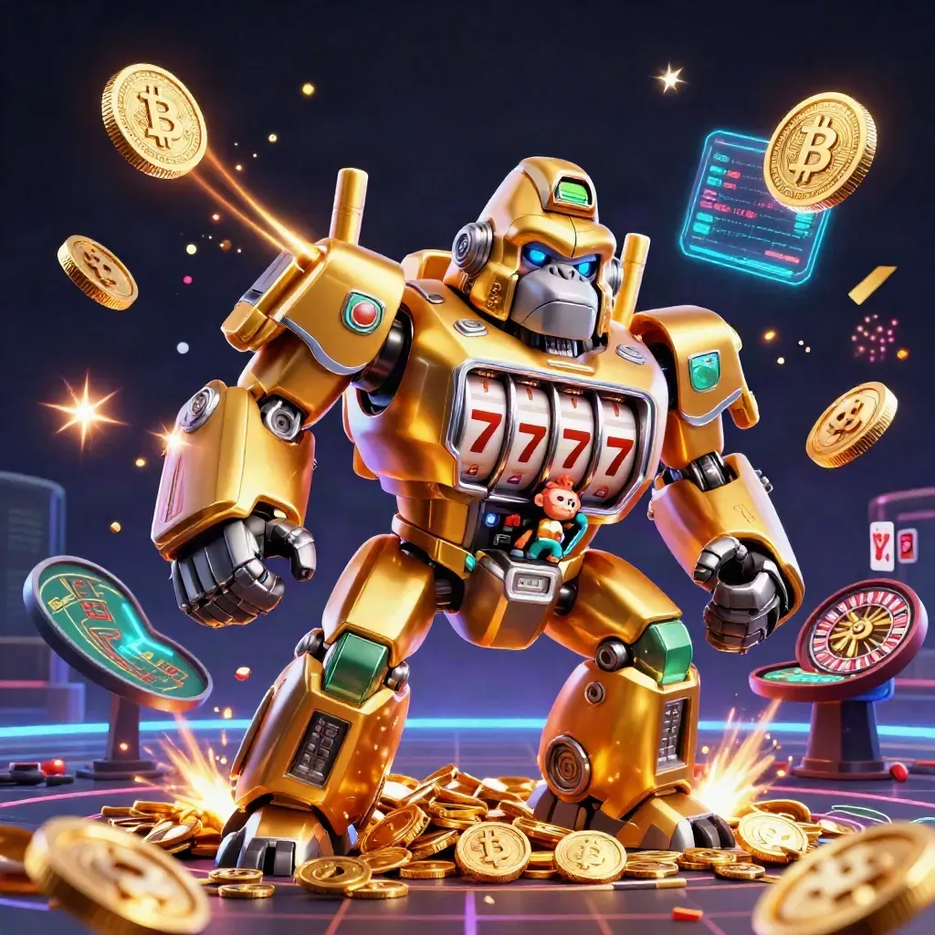 Golden gorilla mech with monkey pilot amid coins, roulette, cards, and fireworks