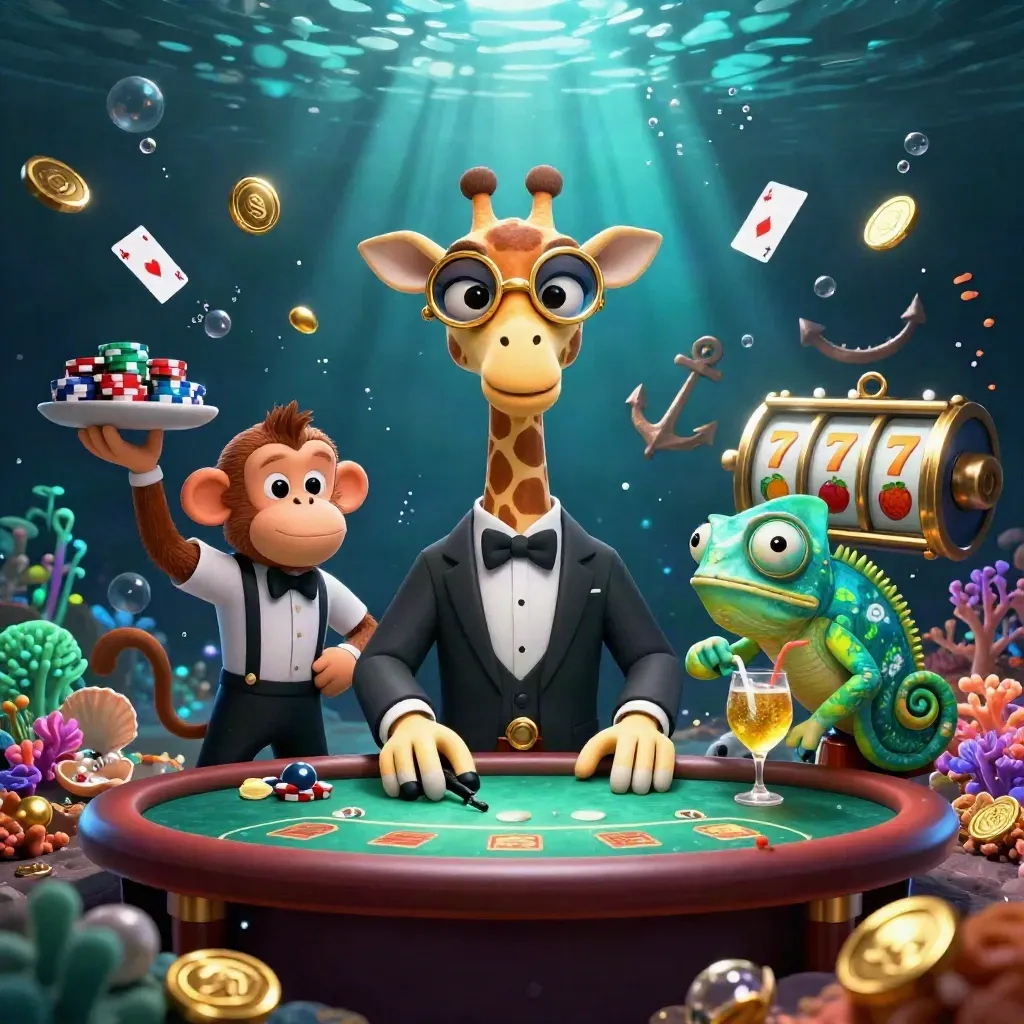 Giraffe, monkey valet, and chameleon bartender in a glowing underwater casino scene with coins, cards, coral, and reels.